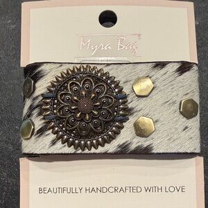 Myra Bag Cowhide Bracelet with Brass Medallion New